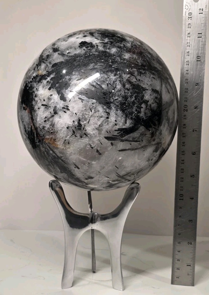 16.8LB 7″ Huge Tourmalinated Quartz Sphere Black Tourmaline Crystal Orb / Stand
