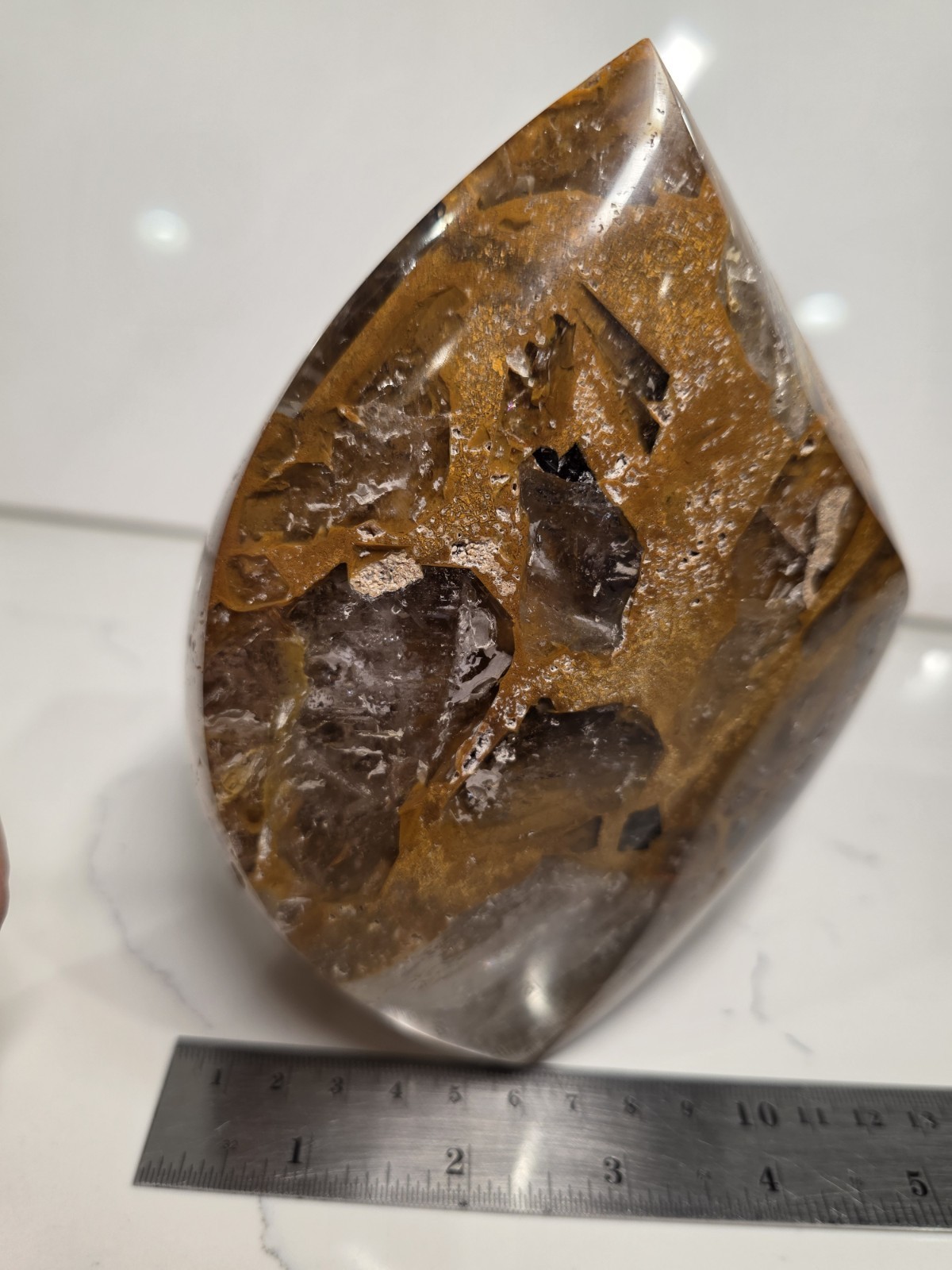 4LB 6″ High-Grade AAA Golden Healer with Smoky Quartz Crystal Flame Free-form