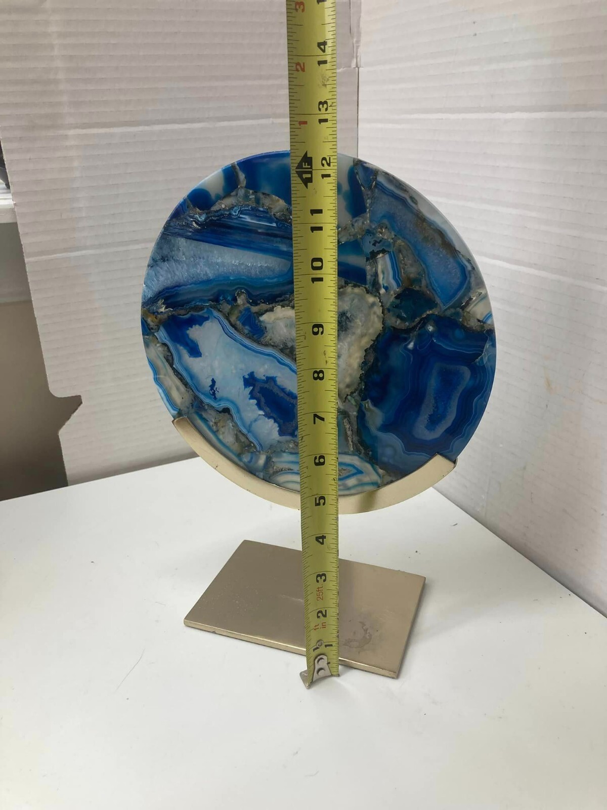 Blue Dyed Agate Slice on Steel Stand 9 Inch Modern Decorative Stone Zodax Style