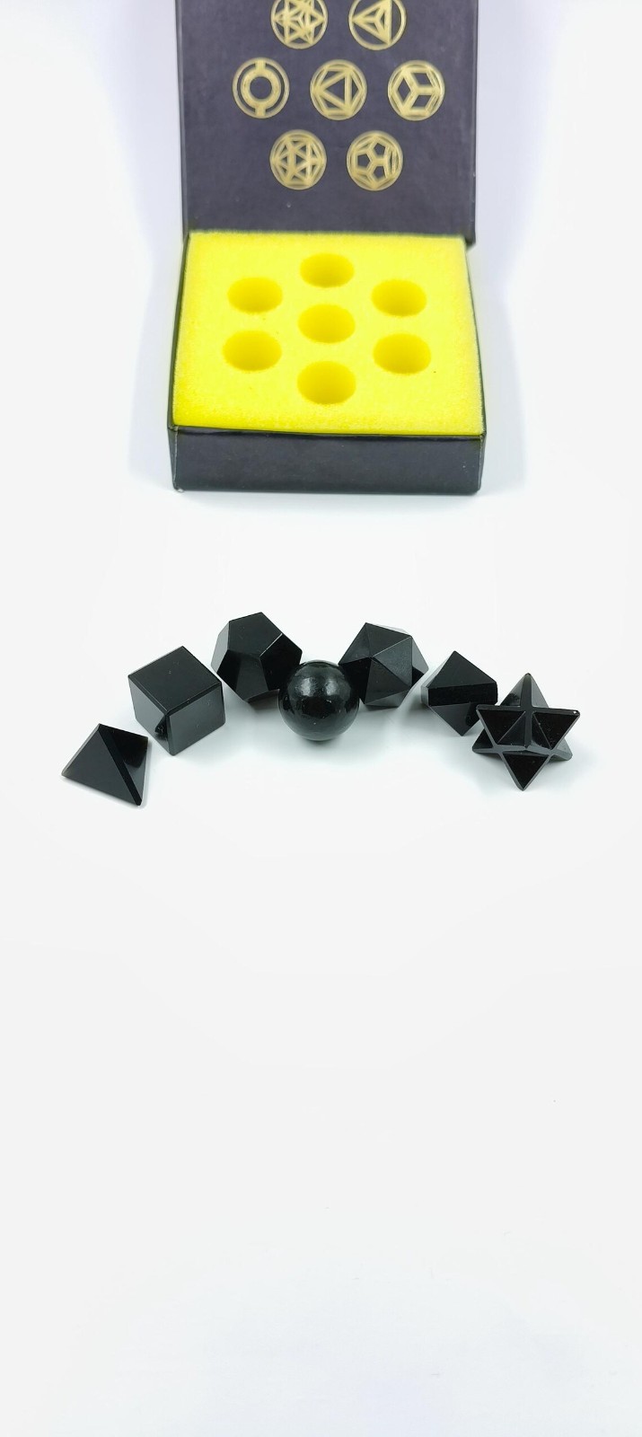 Black Obsidian Sacred Geometry Set 7 Platonic Solid Reiki Meditation Crystal Kit