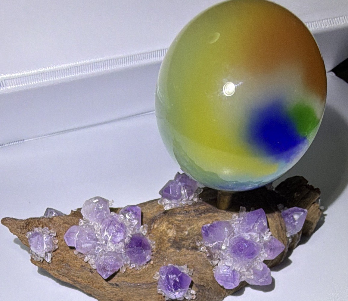 Rainbow Glass Sphere Mineral Display Specimen on Wood Stand w Purple Clusters