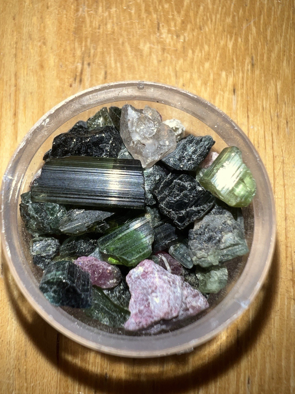 Mixed Natural Tourmaline Crystal Chips in Small Plastic Round Container