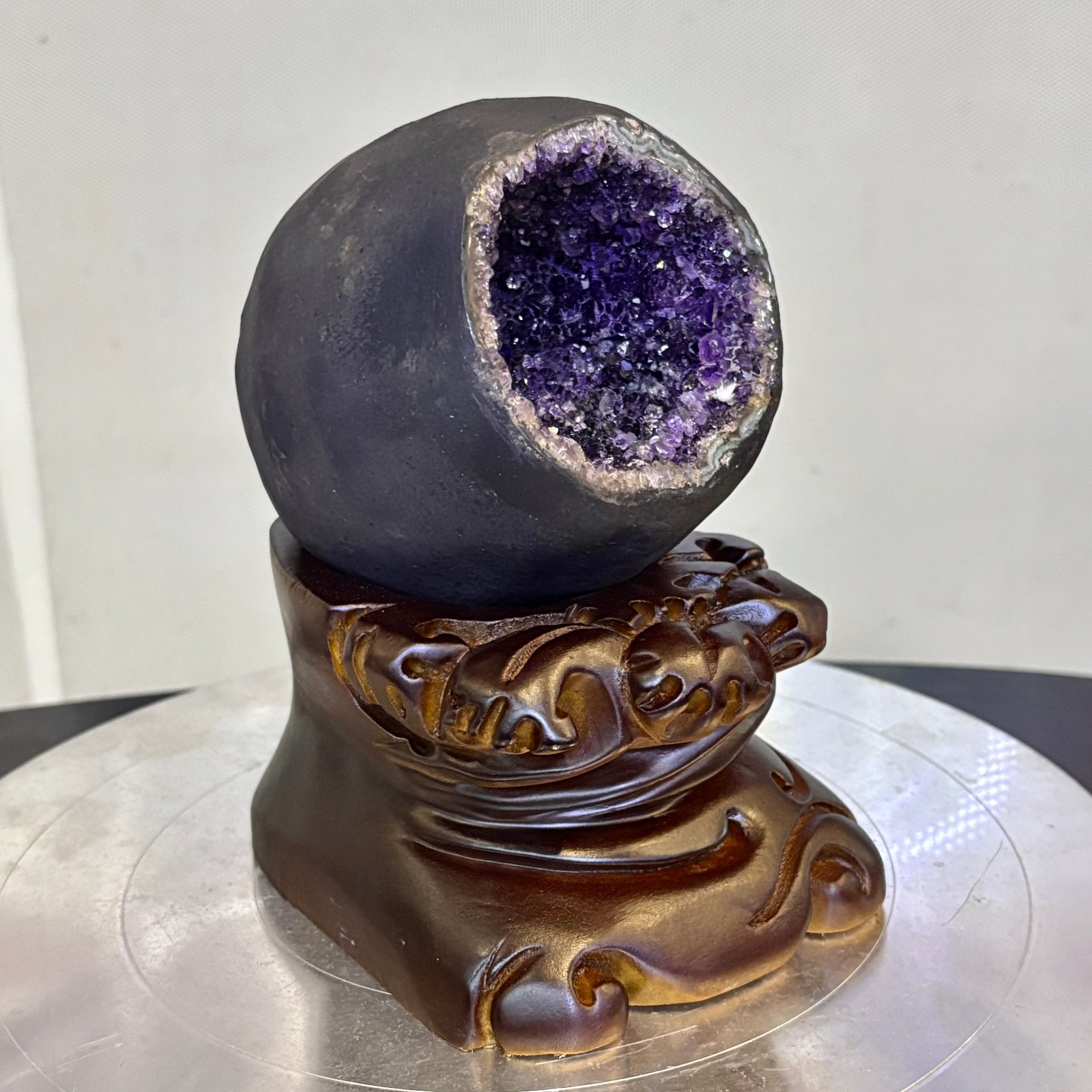 3.52LB Natural uruguay amethyst geode quartz money bag crystal +stand