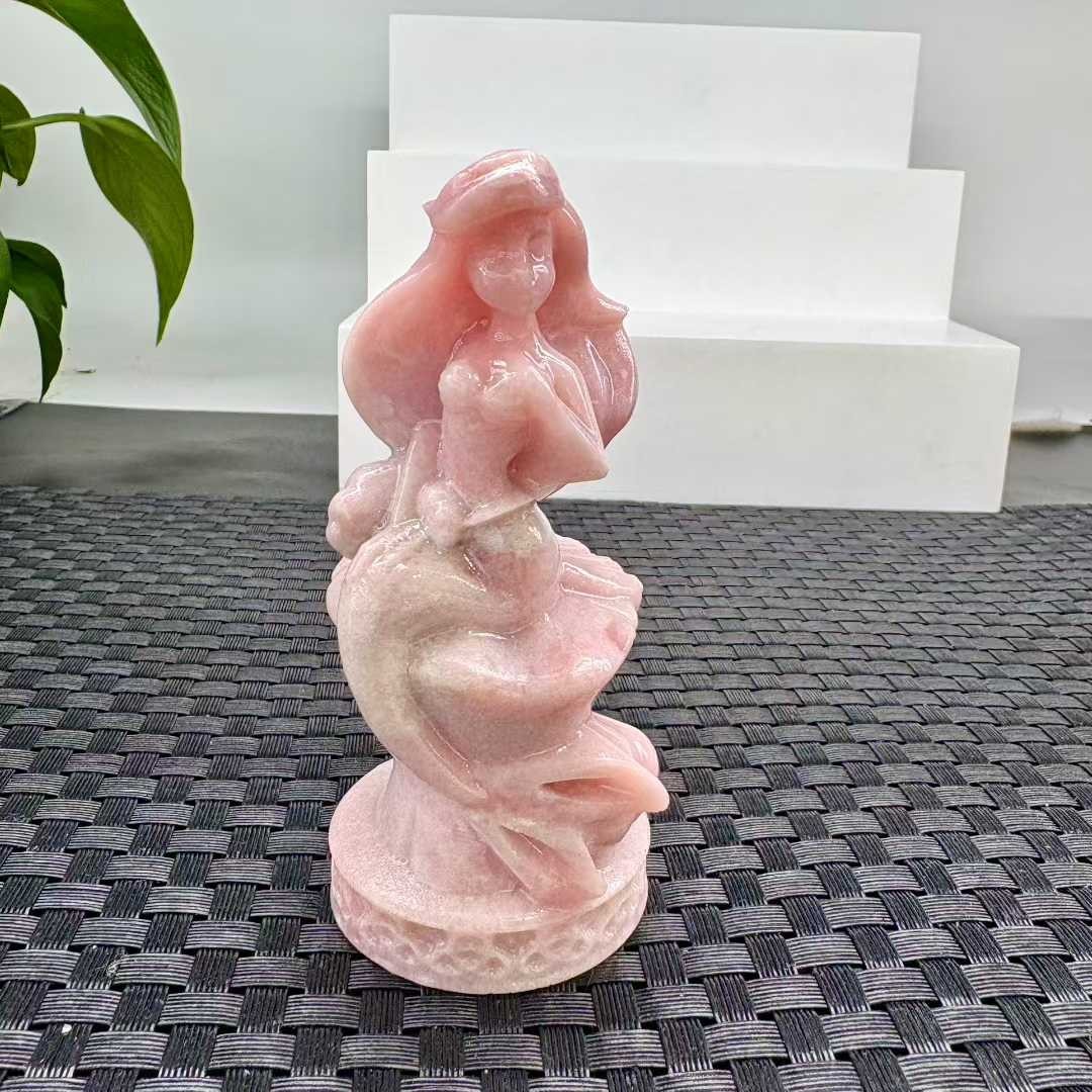 1pc Natural pink opal Quartz Carved mermaid skull Crystal Reiki Decor Gift
