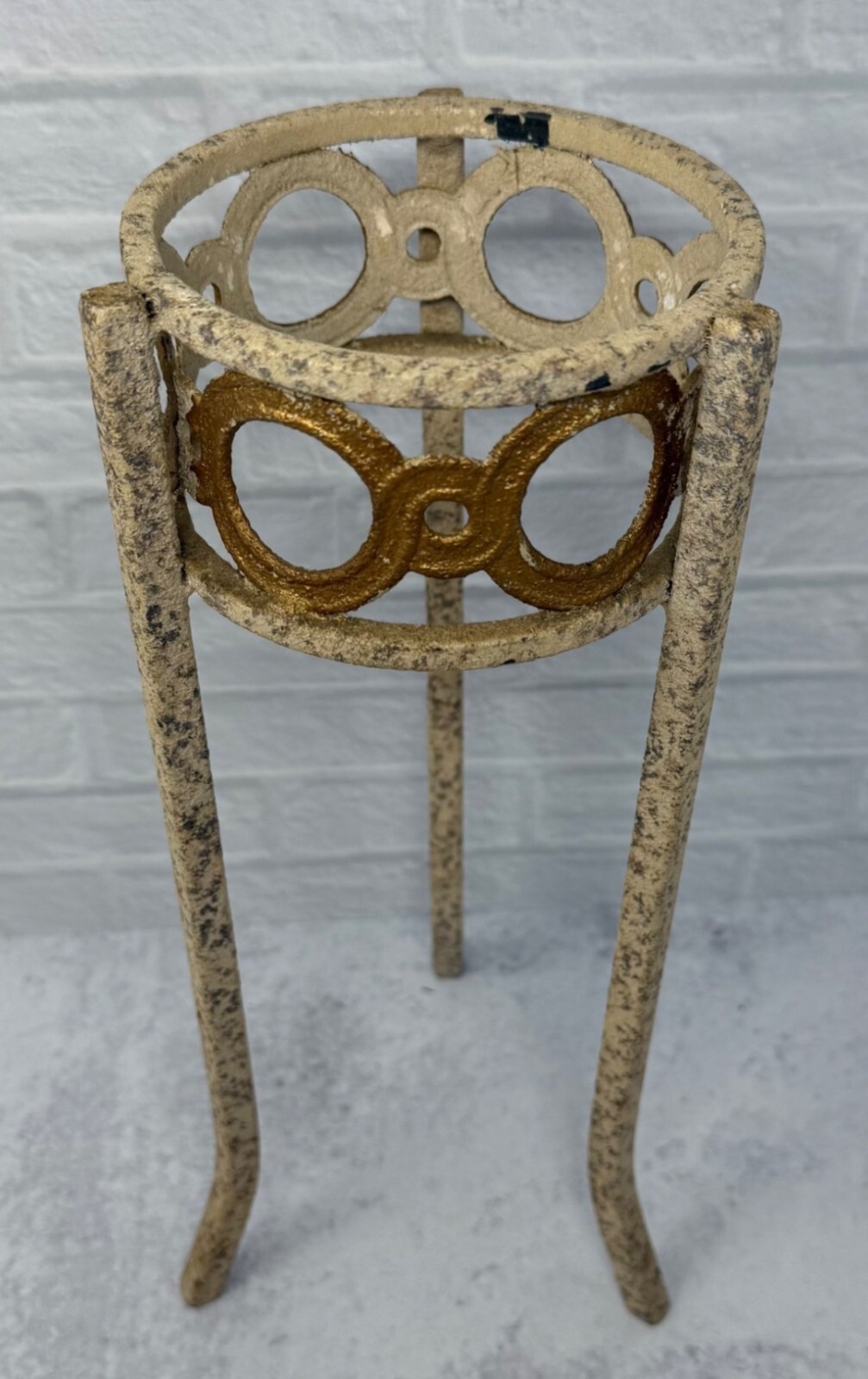 Vintage Wrought Iron Painted Cream Gold Metal Sphere Crystal Ball Stand Display