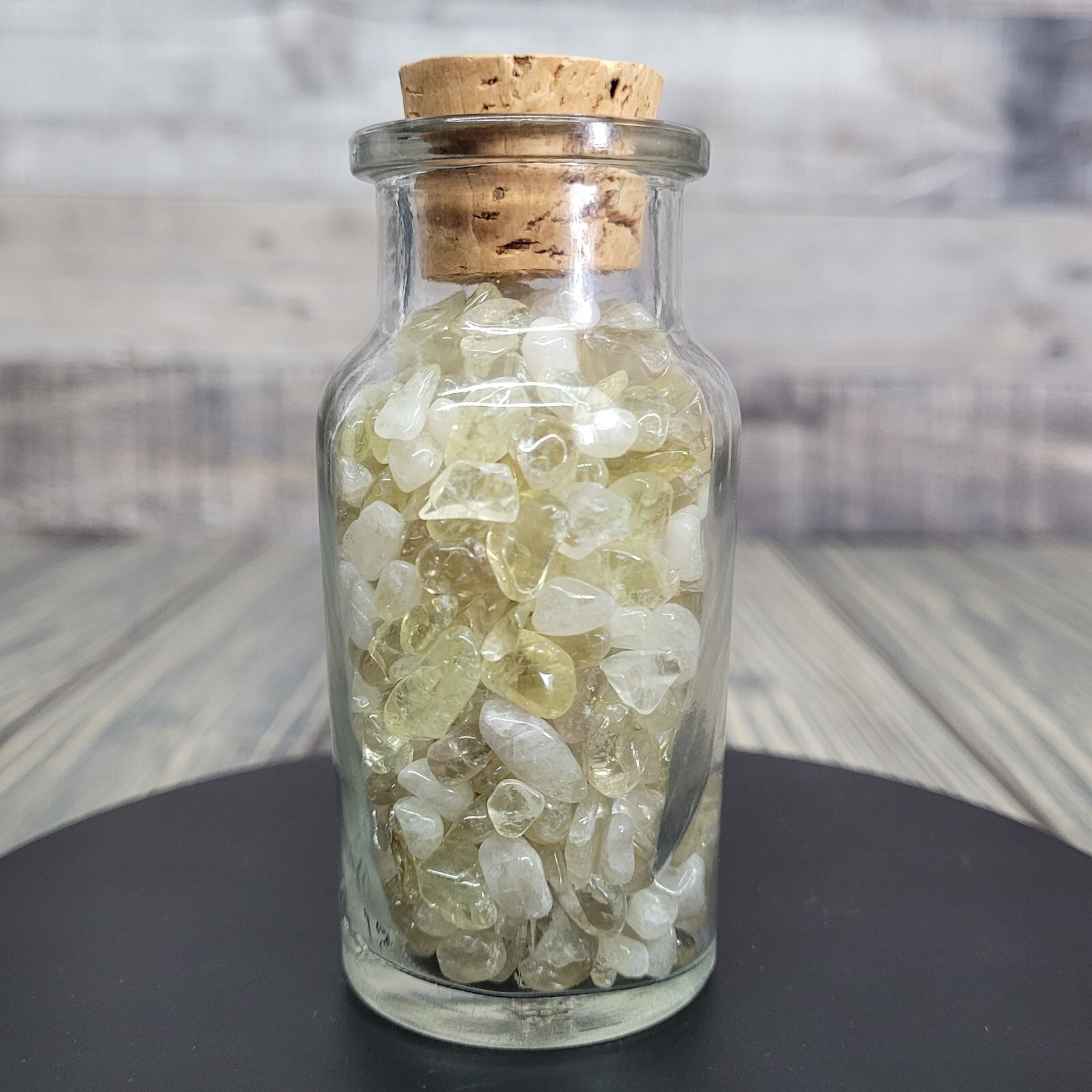 4 oz Citrine Crystal Chip Tumbles in Vintage Apothecary Glass Jar Wagner w/ Cork