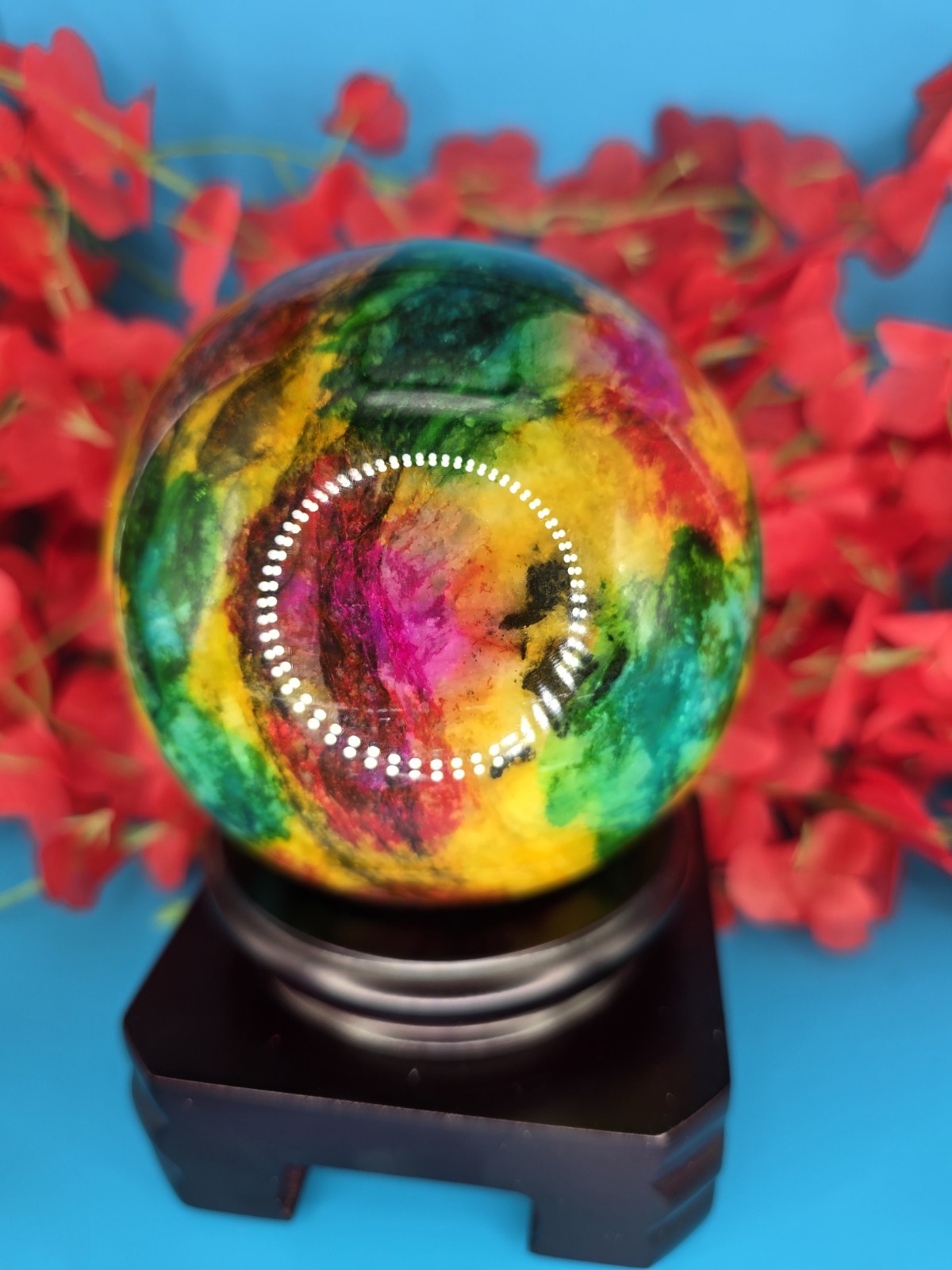 RARE Seven Color Jade / 7 Colors Rainbow Jade/Mineral Sphere Ball w/Stand