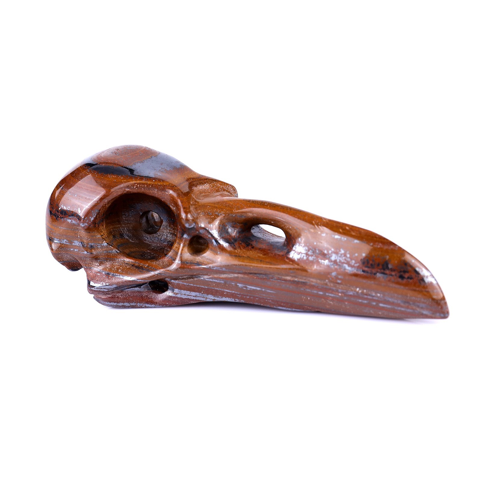 5″Tiger Iron Eye Hand Carved Raven Skull Sculpture Crystal Healing Carving Decor