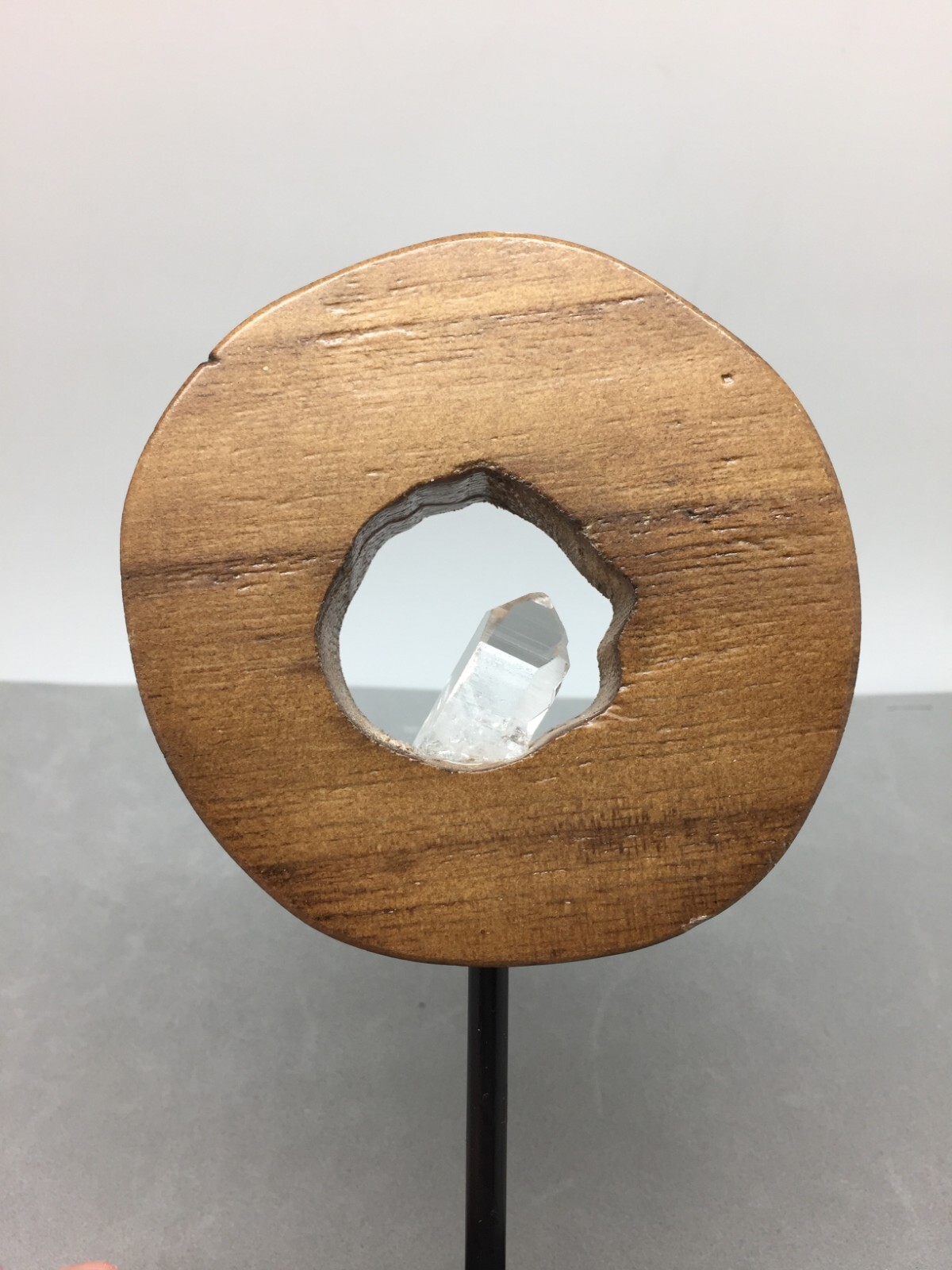 Natural Quartz Crystal In Wood Display Pedestal Modern Home Decor Interior 7″