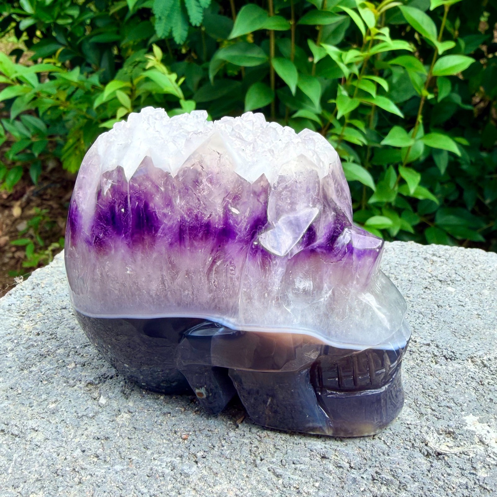 653g Amethyst agate crystal cave skull, Rare hand carved skull specimen