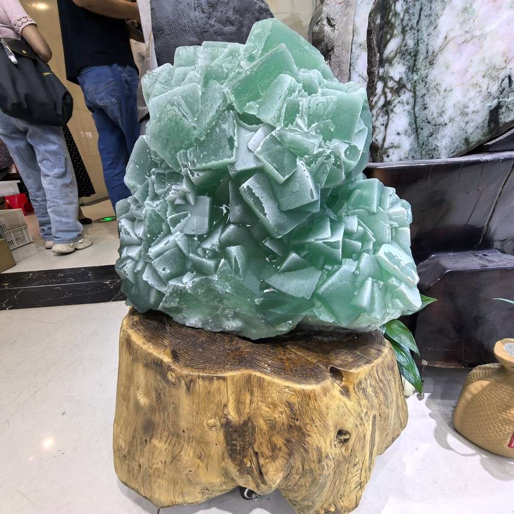 110LB Top Natural Green Fluorite Quartz Cluster Crystal Mineral Specimen + stand