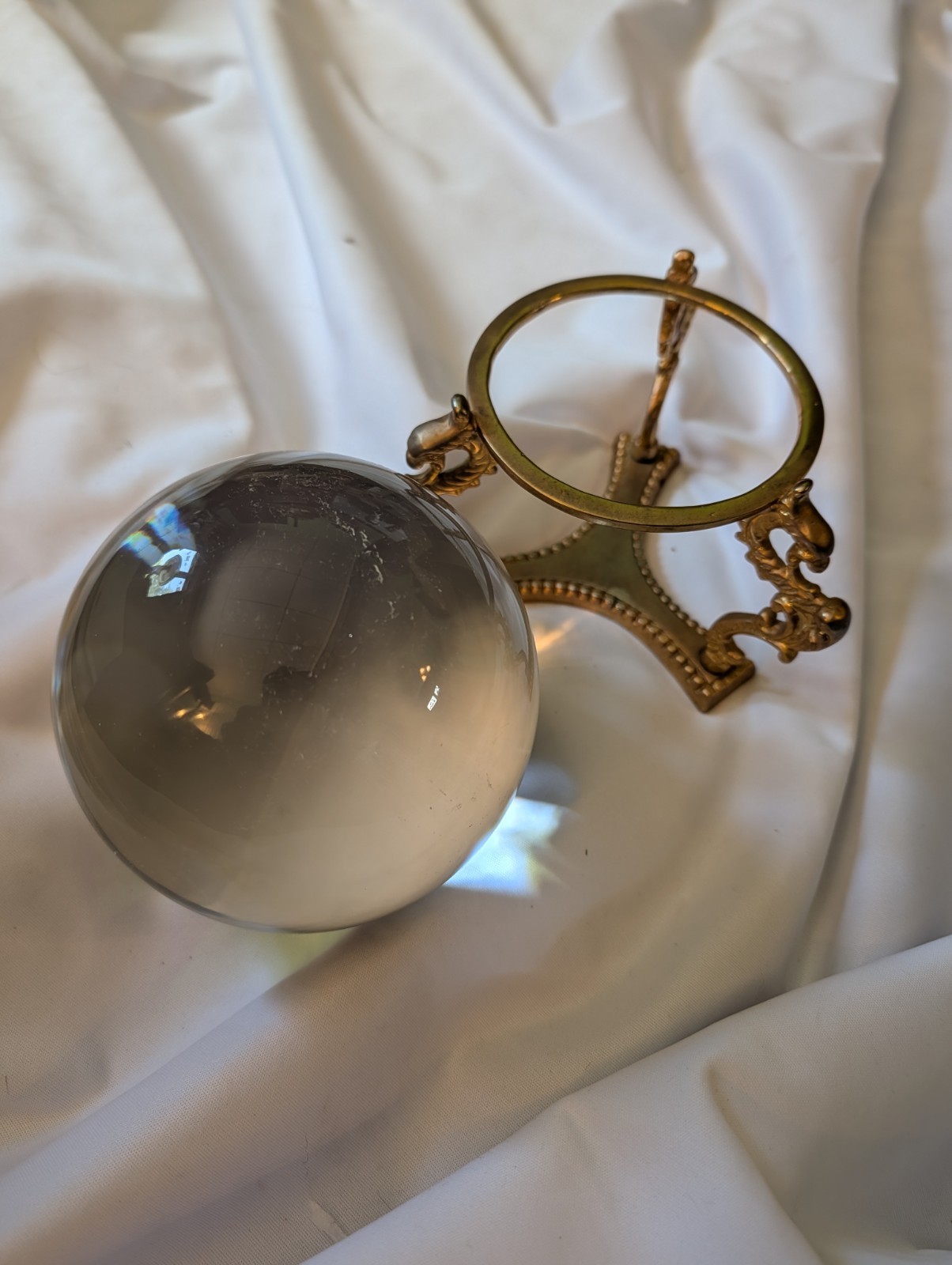 Vintage Fortune Teller Gazing Crystal Ball Glass Sphere Brass Dragon Stand