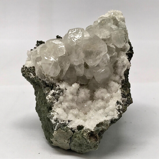 KB: BRIGHT SW FL. RED CALCITE XLS. ON FL. SW WHITE ARAGONITE MATRIX POONA, INDIA