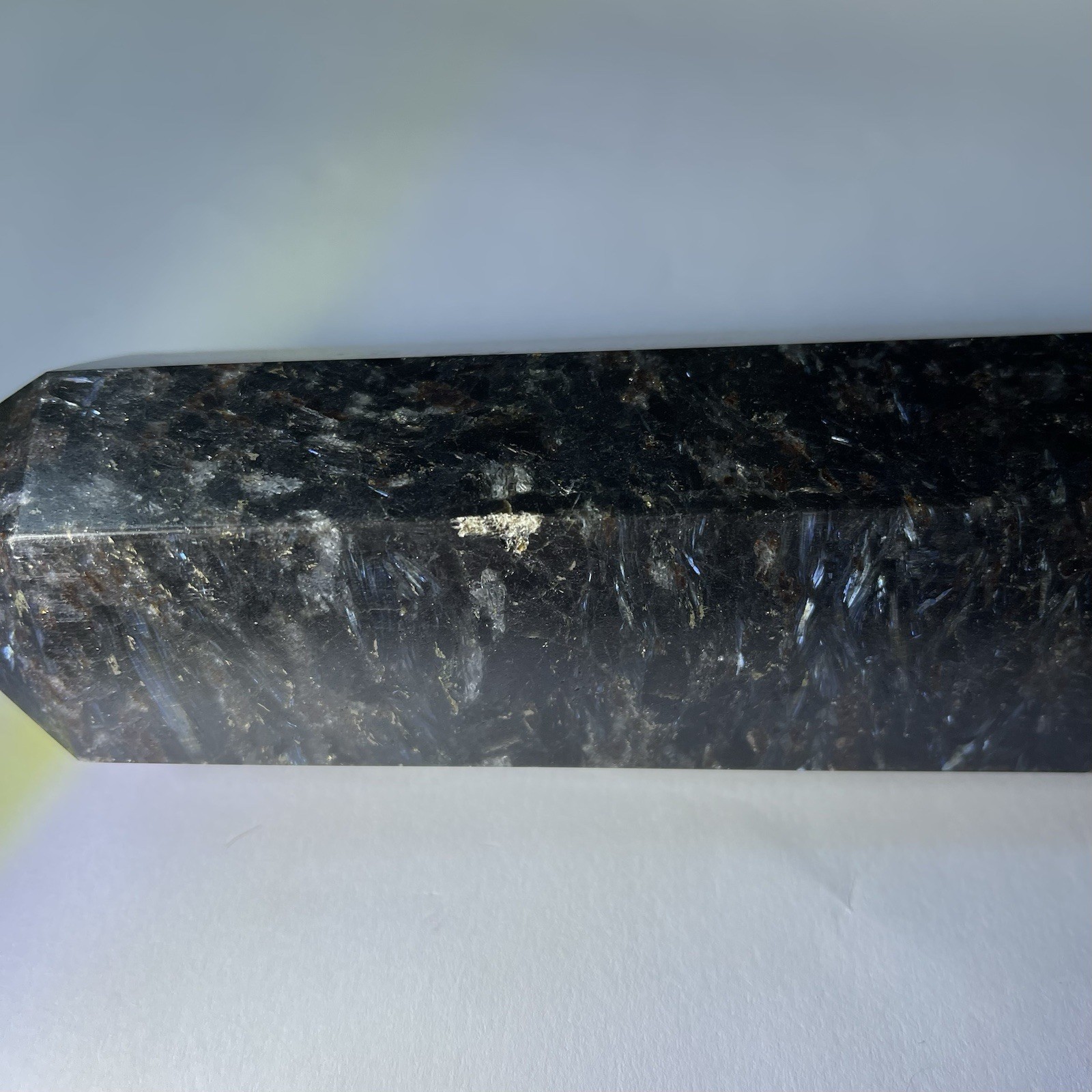 Large Arfvedsonite Crystal Obelisk 7 Inch Flashy Silver Blue Healing Stone Tower