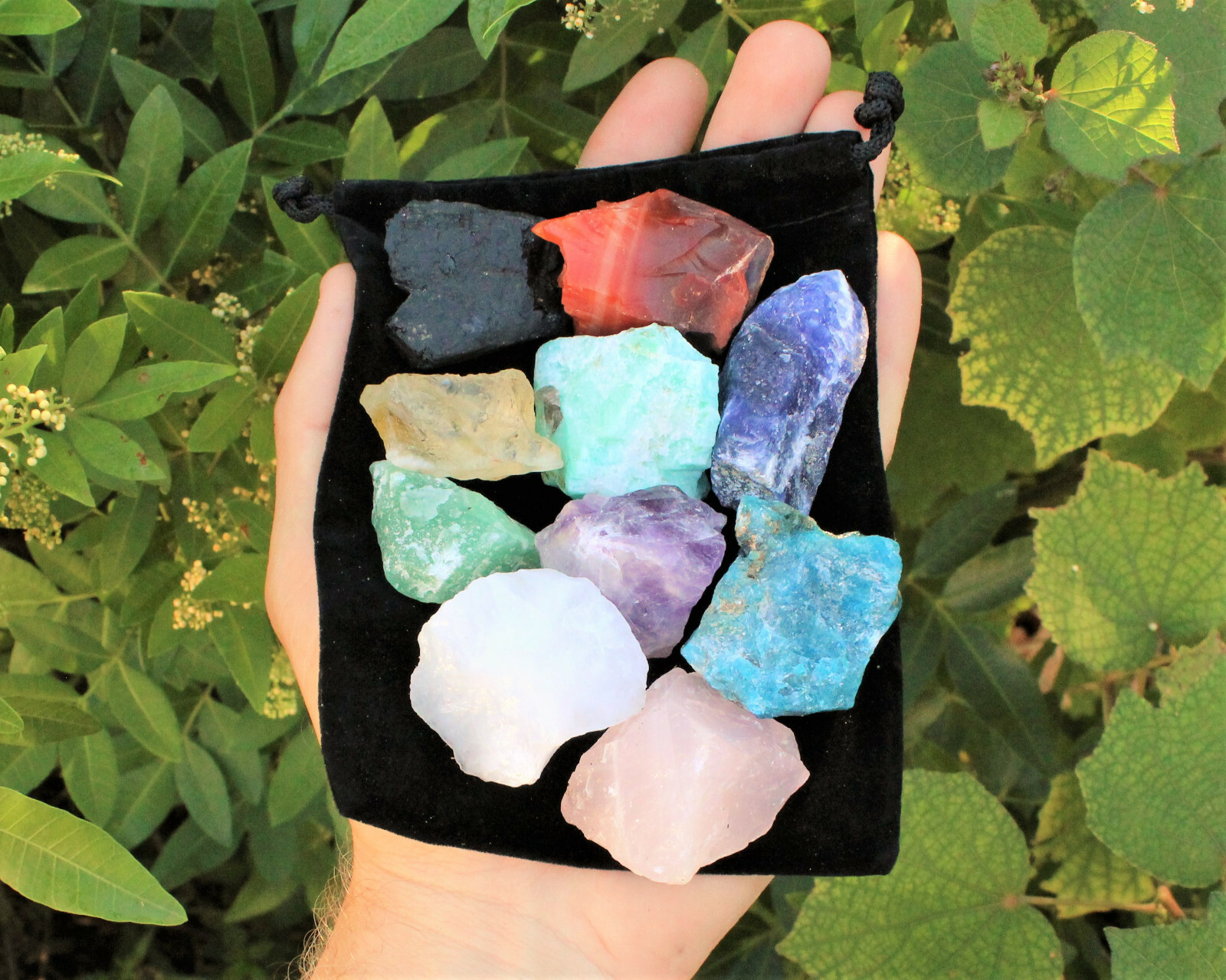 Beginners Crystal Kit 10 pcs in Velvet Pouch: Most Popular Rough Crystals LARGE