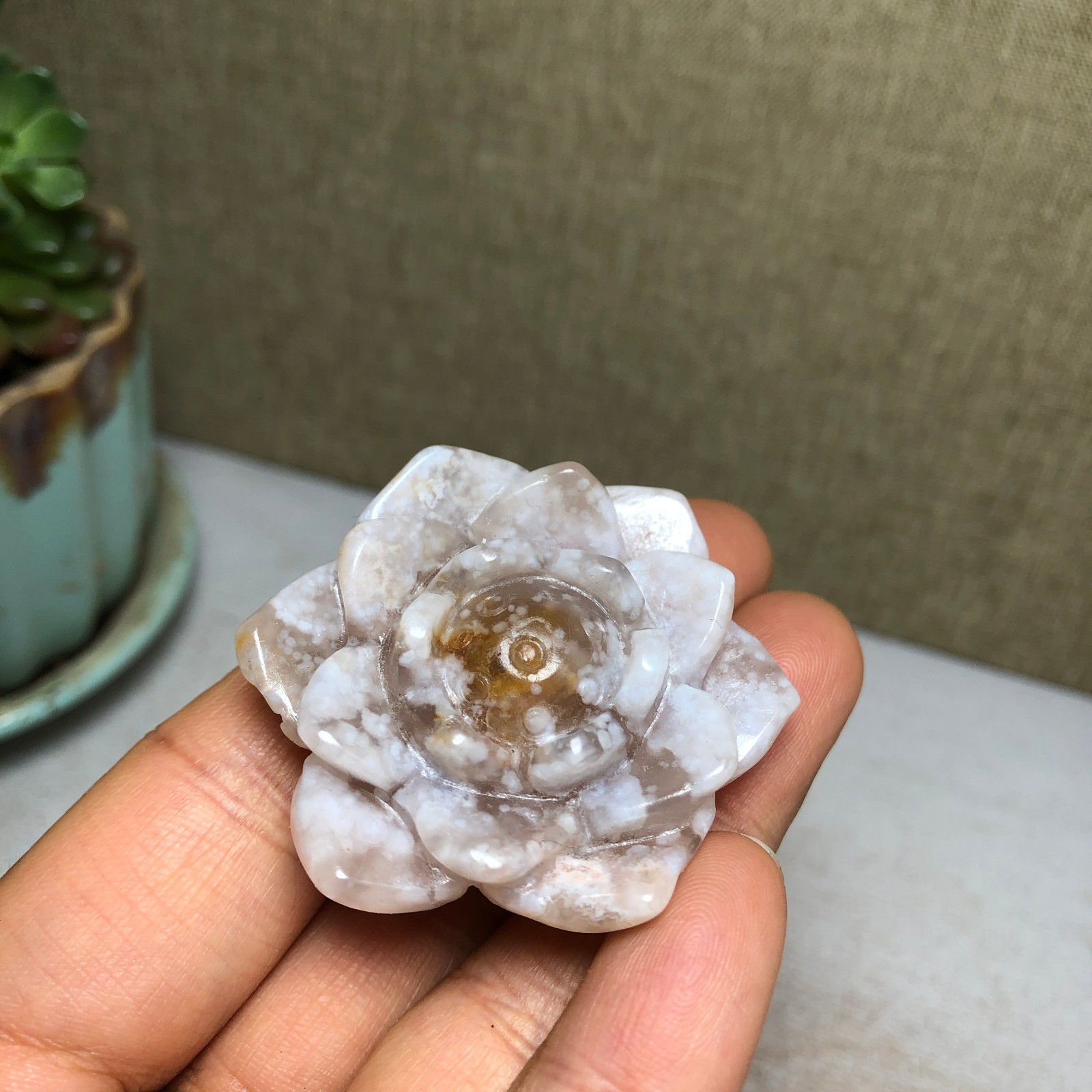 44mm Natural cherry blossom agate Hand carved flower Crystal specimens 38g A4456
