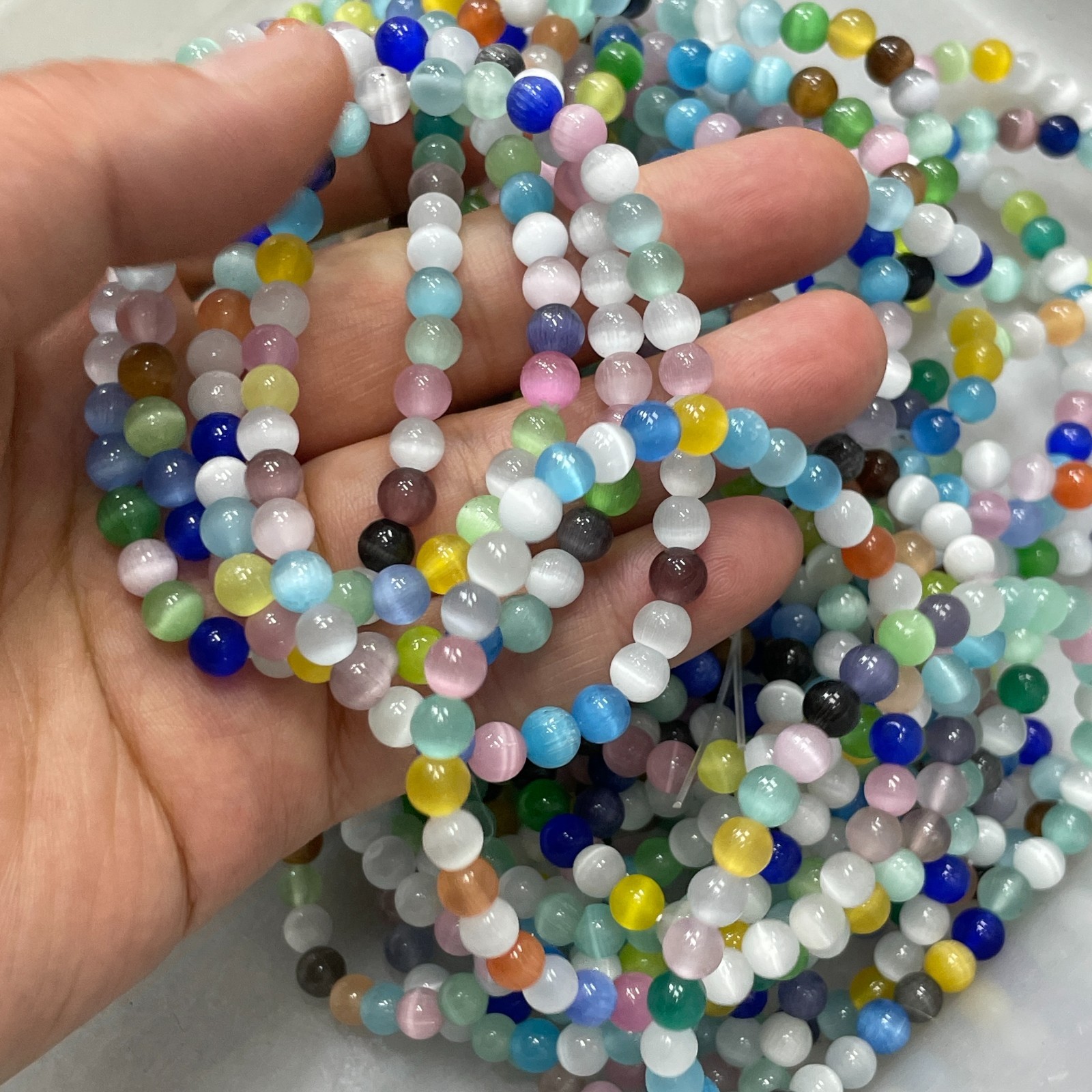 10pcs Glass Cat Eye Beads Round Beads 6mm Elastic bracelet decor 7.5″