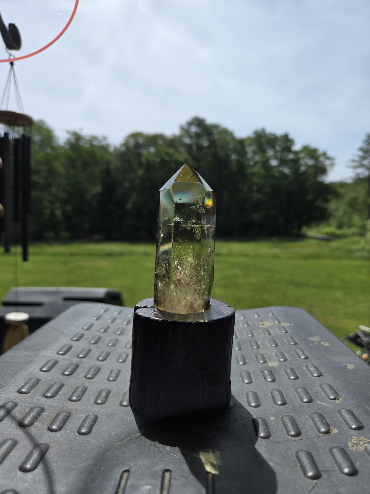Large Natural Citrine Tower Point with Golden Inclusions on Wood Stand