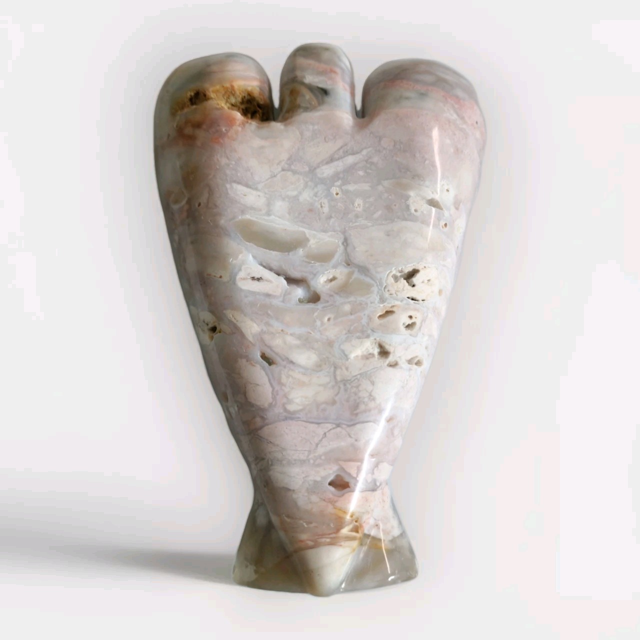 Polished Pink And Gray Agate Crystal Hand Carved Angel 6″ – USA
