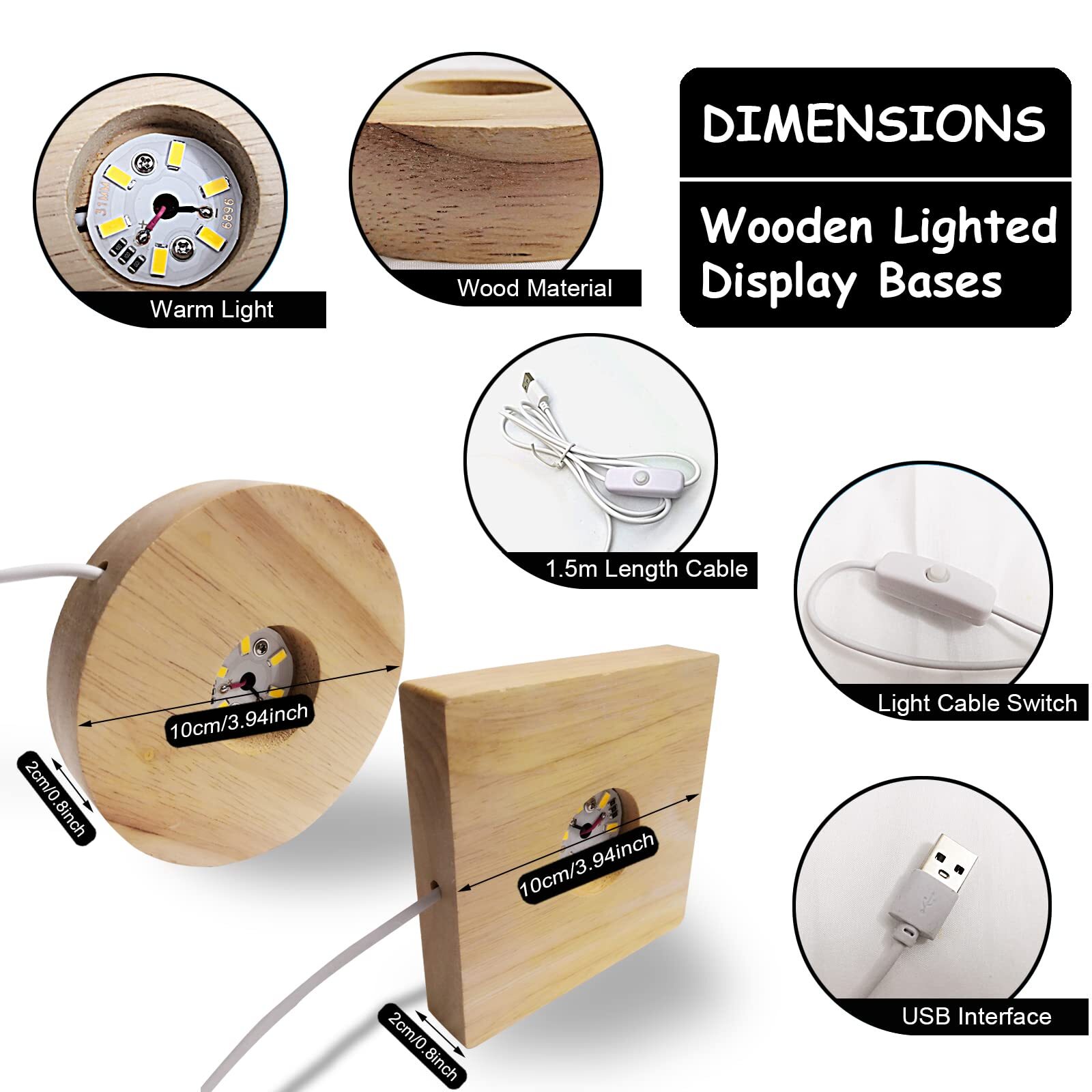 2 Pack LED Wooden Display Base Stand for Crystal Glass Art Resin Cylinder Lamp