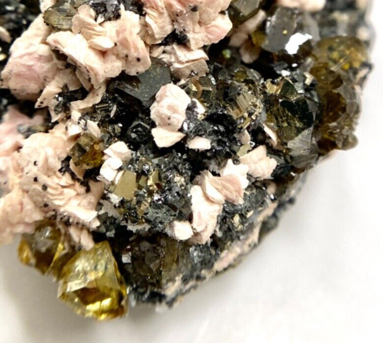 Rhodochrosite Pale Pink and Sphalerite Gem Golden and Black Crystals on Matrix