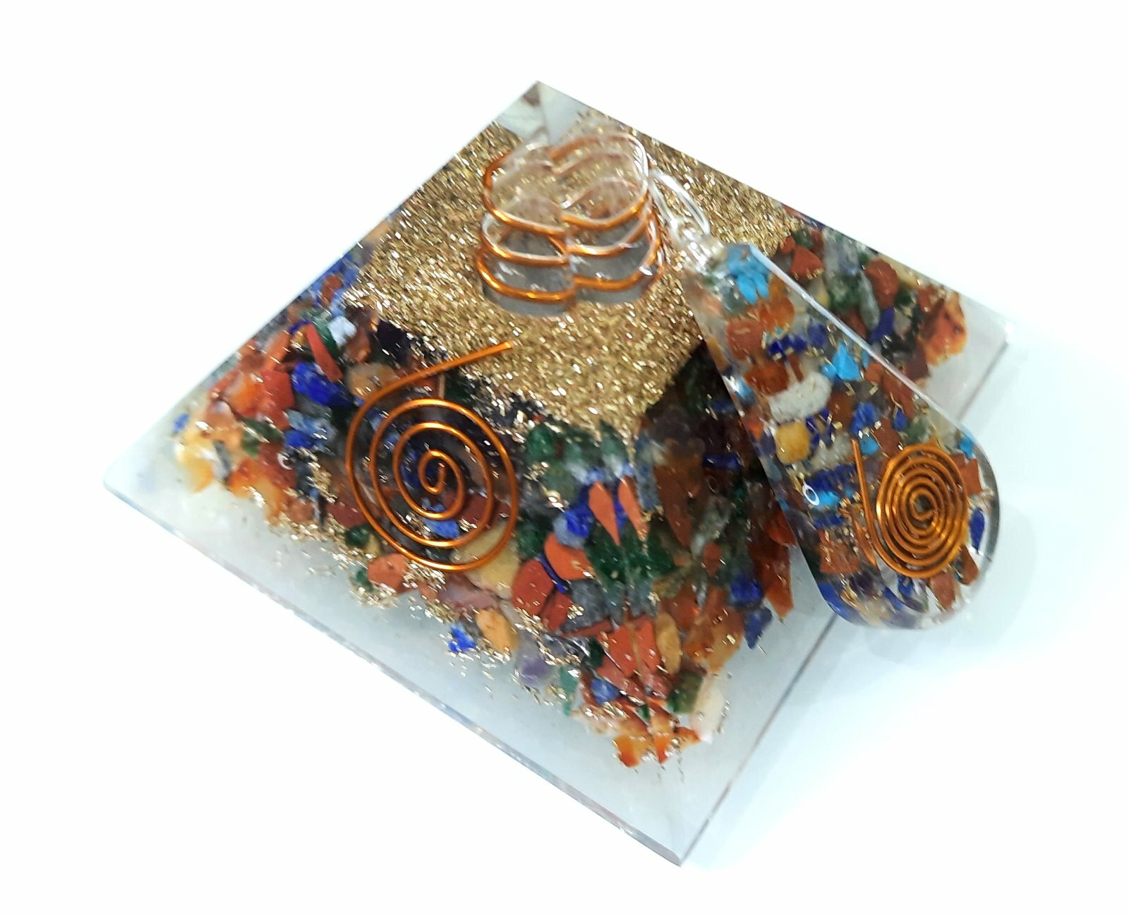 7 Chakra Combo of Healing Crystal Orgone Pyramid & Orgone Pendant Reiki Chakra