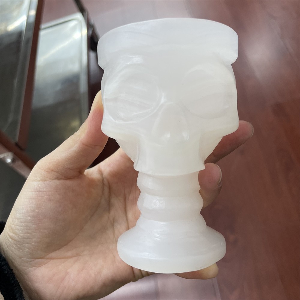 0.9LB 3.9″Natural Pink Jade Skull Cup Crystal Reiki Heal Decor Gift Wine Glass