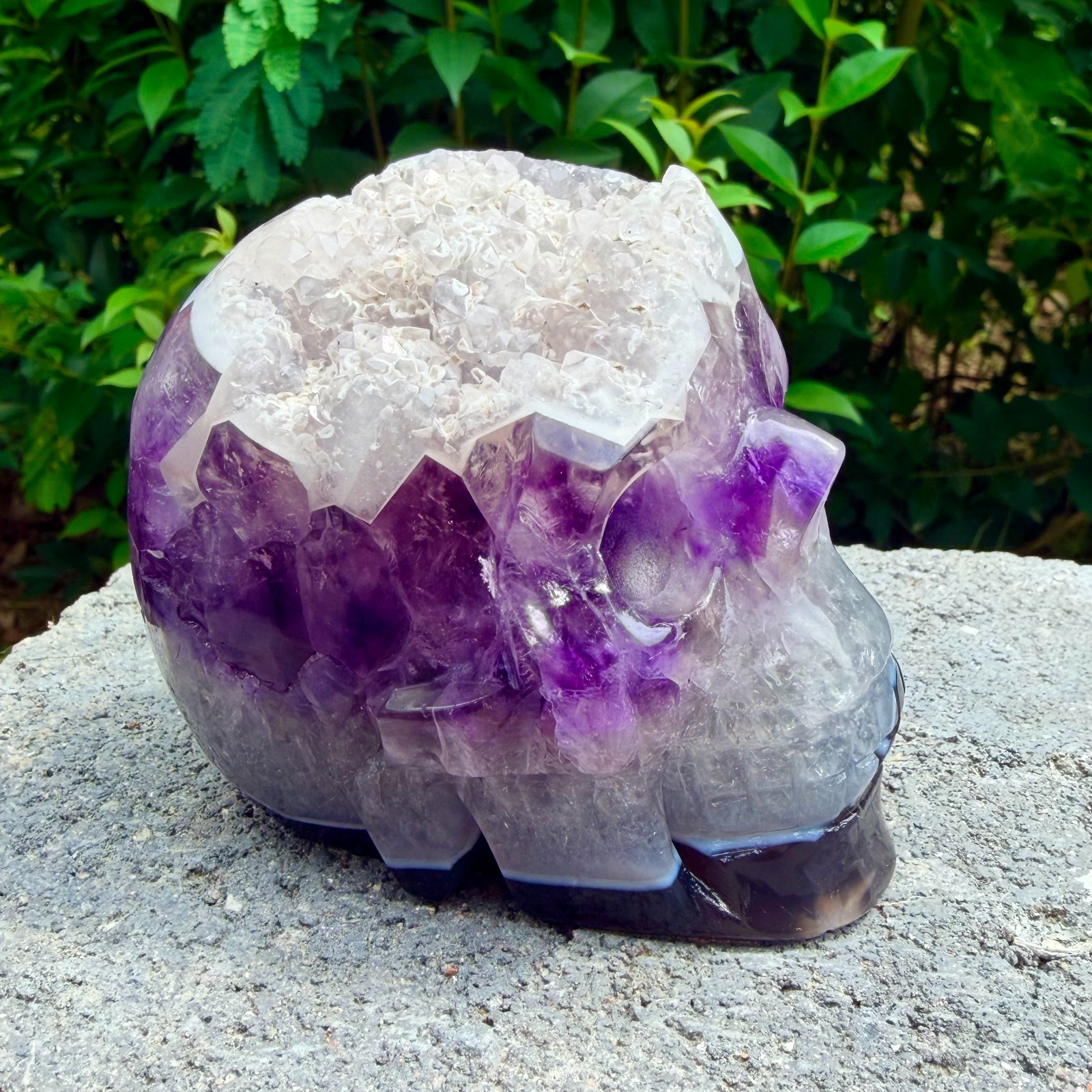 714g Amethyst agate crystal cave skull, Rare hand carved skull specimen