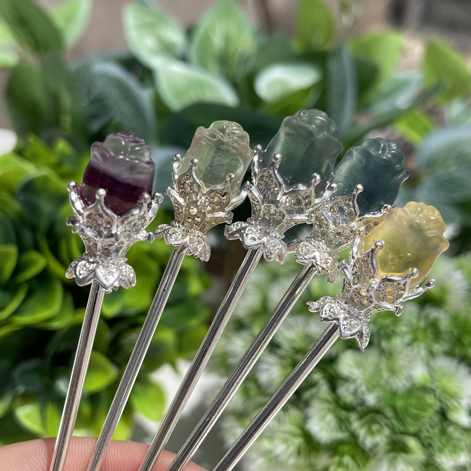5pc Natural fluorite carved rose hairpin quartz crystal reiki healing random