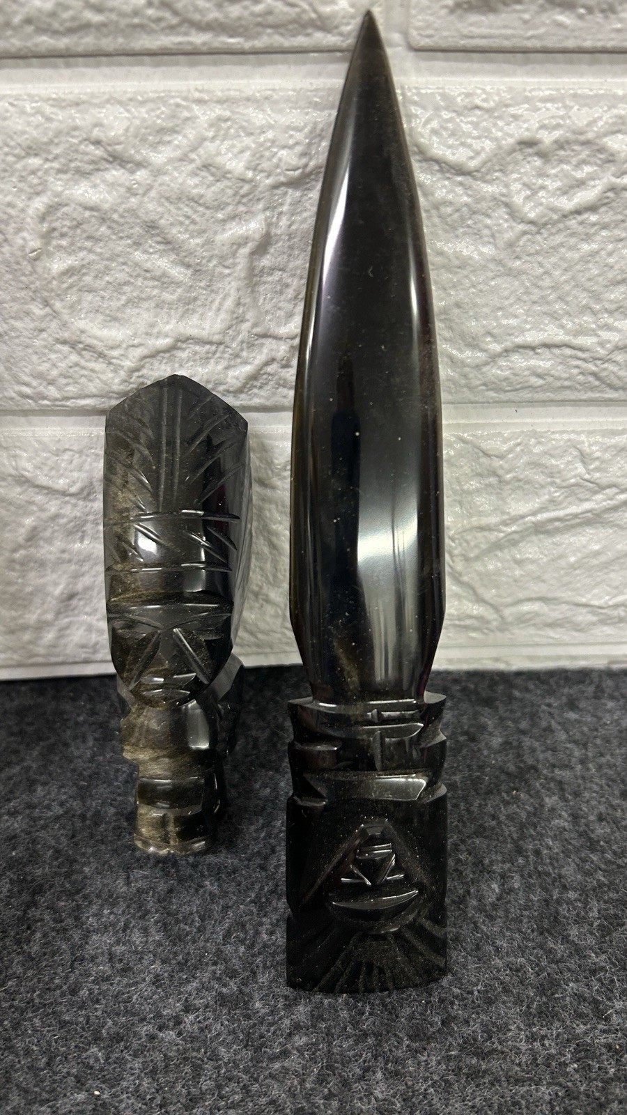 Golden Sheen Obsidian Mayan Aztec Figure 2 Knives Carved Quartz Crystal Mexico