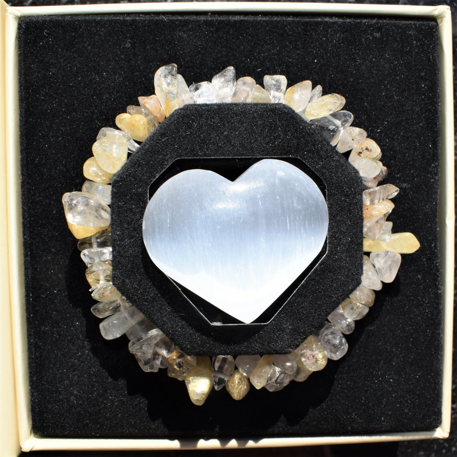 CHARGED Golden Rutile Quartz Crystal Chip Stretchy Bracelet + Selenite Heart