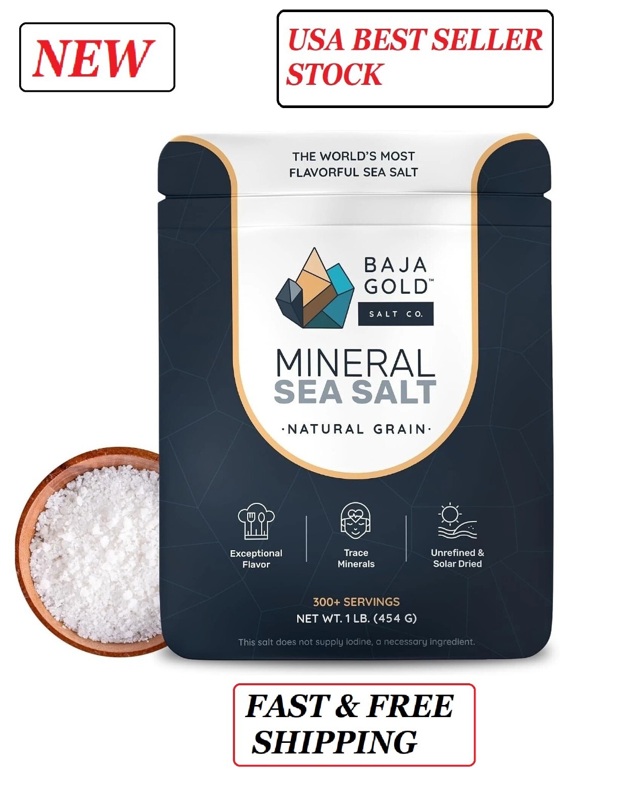 Baja Gold Mineral Sea Salt Natural Grain Crystals 1 Lb. Bag 1 Pound (Pack of 1)