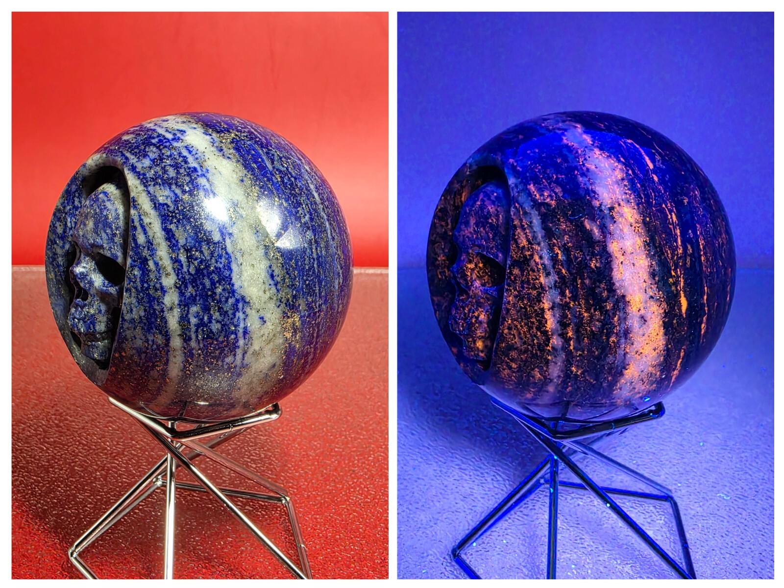 400G Rare UV Blue Lapis Lazuli Crystal Sphere Hand Carved Skull Reiki Healing