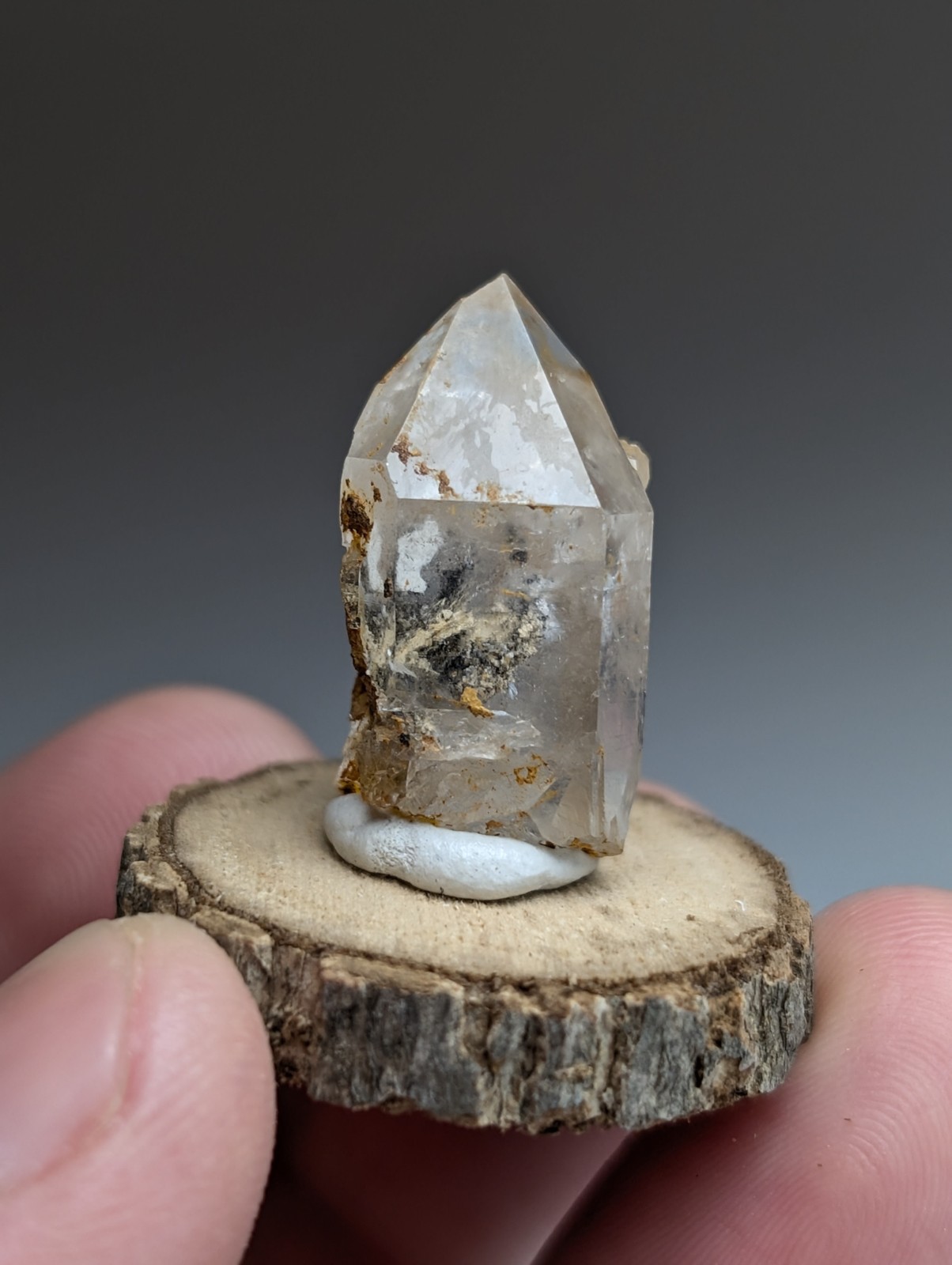 Nacrite + Manganese included Quartz Crystal Point, Arkansas, w/ wood base