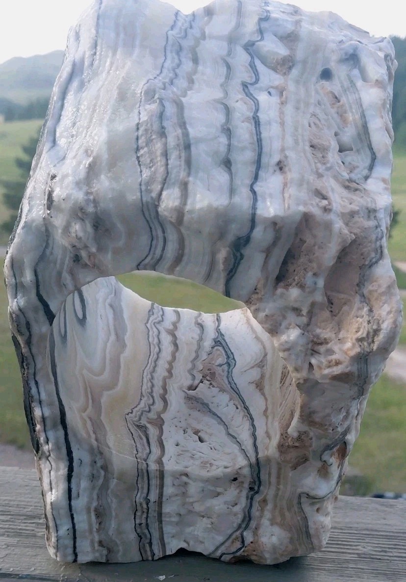 13.25Lb Zebra Calcite W CORED 4″ “Window” Display UV+ Bands Wrap Unique Décor