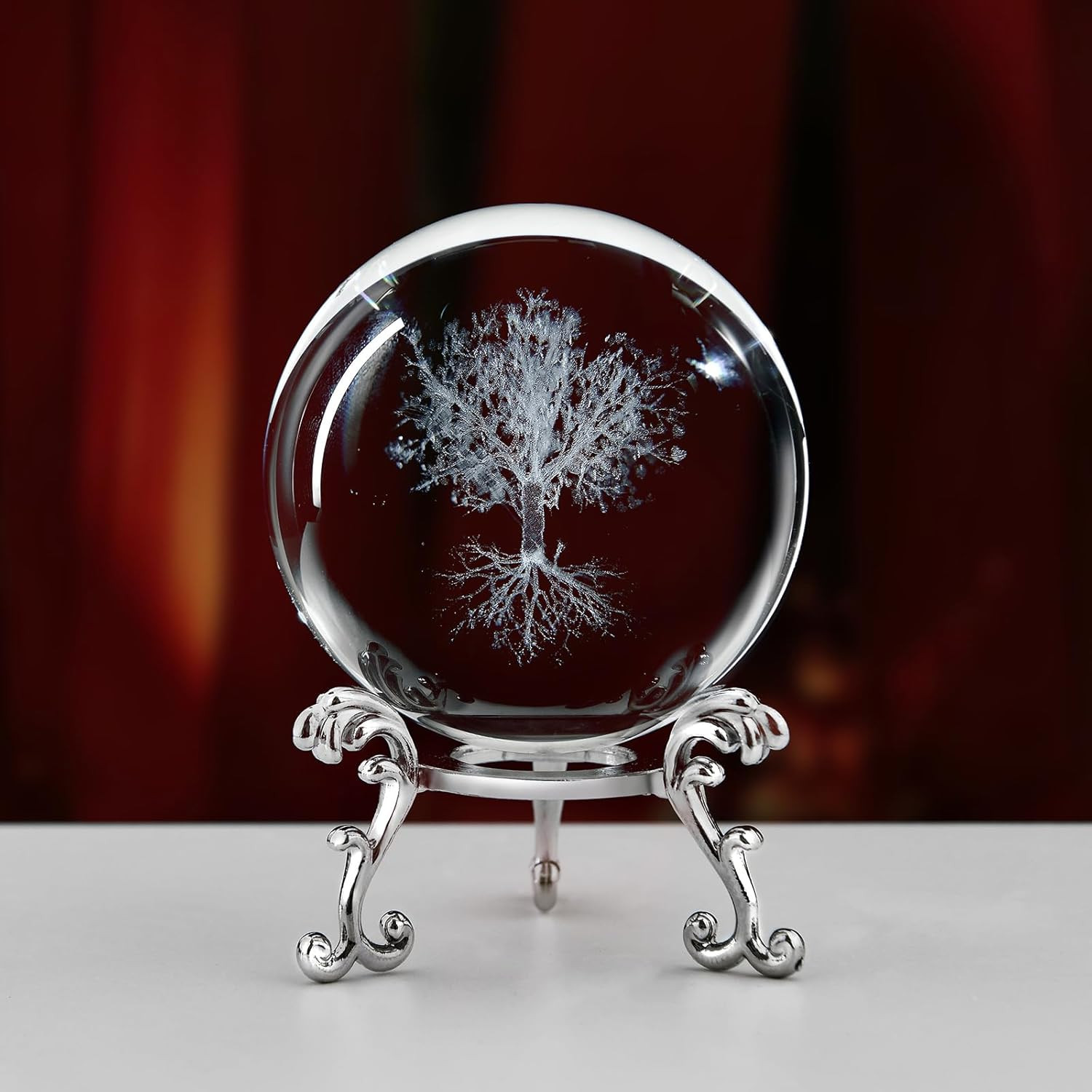 Tree of Life Crystal Ball with Stand, 60Mm 3D Laser Engraved Glass Sphere Decora