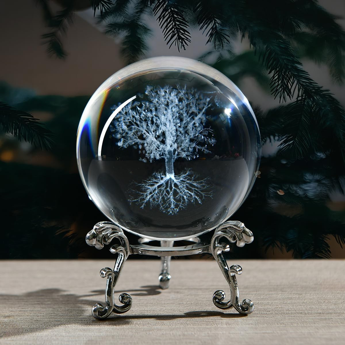 Tree of Life Crystal Ball with Stand, 60Mm 3D Laser Engraved Glass Sphere Decora