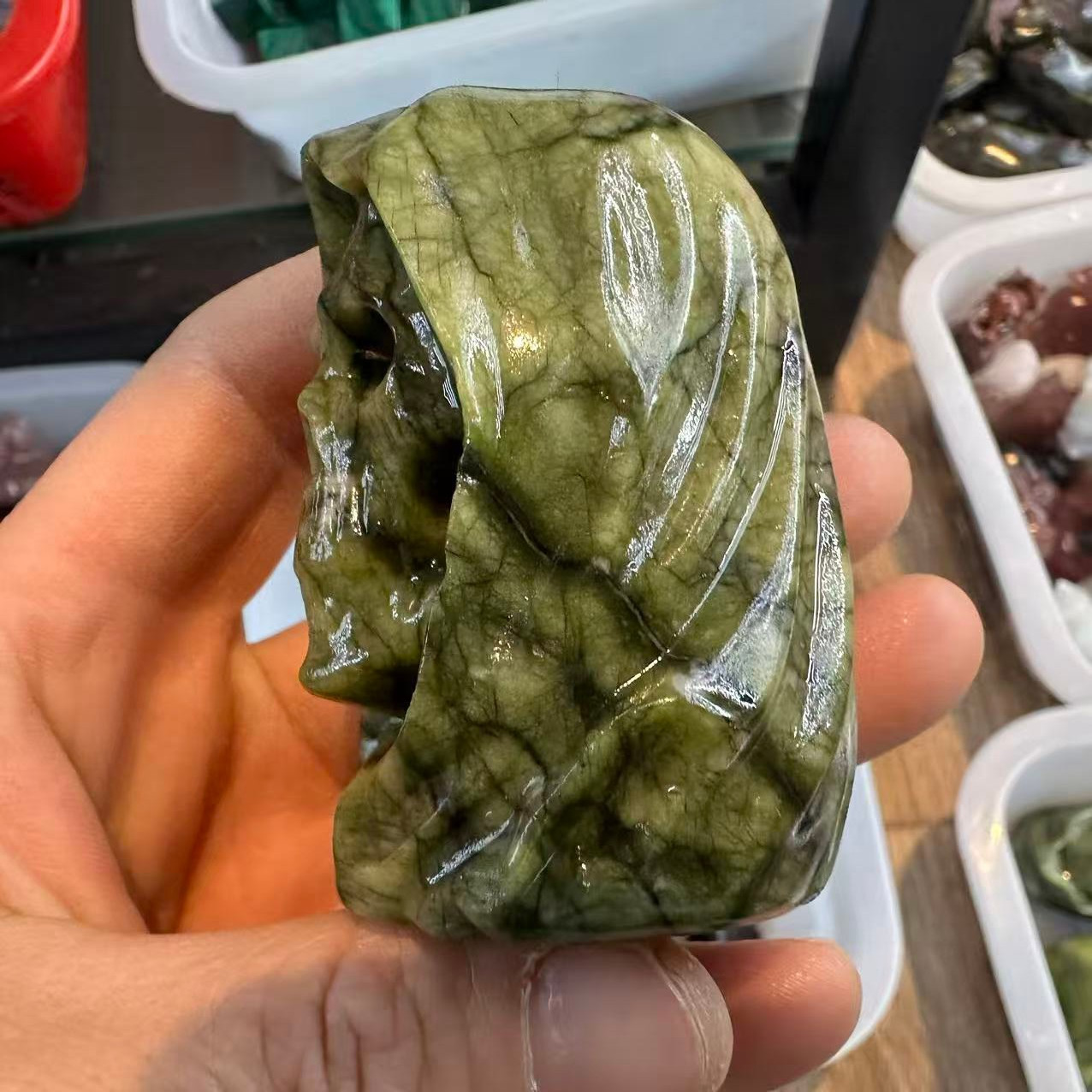 1pc Natural Green Jade Quartz Carved Skull Crystal Reiki Healing Decor