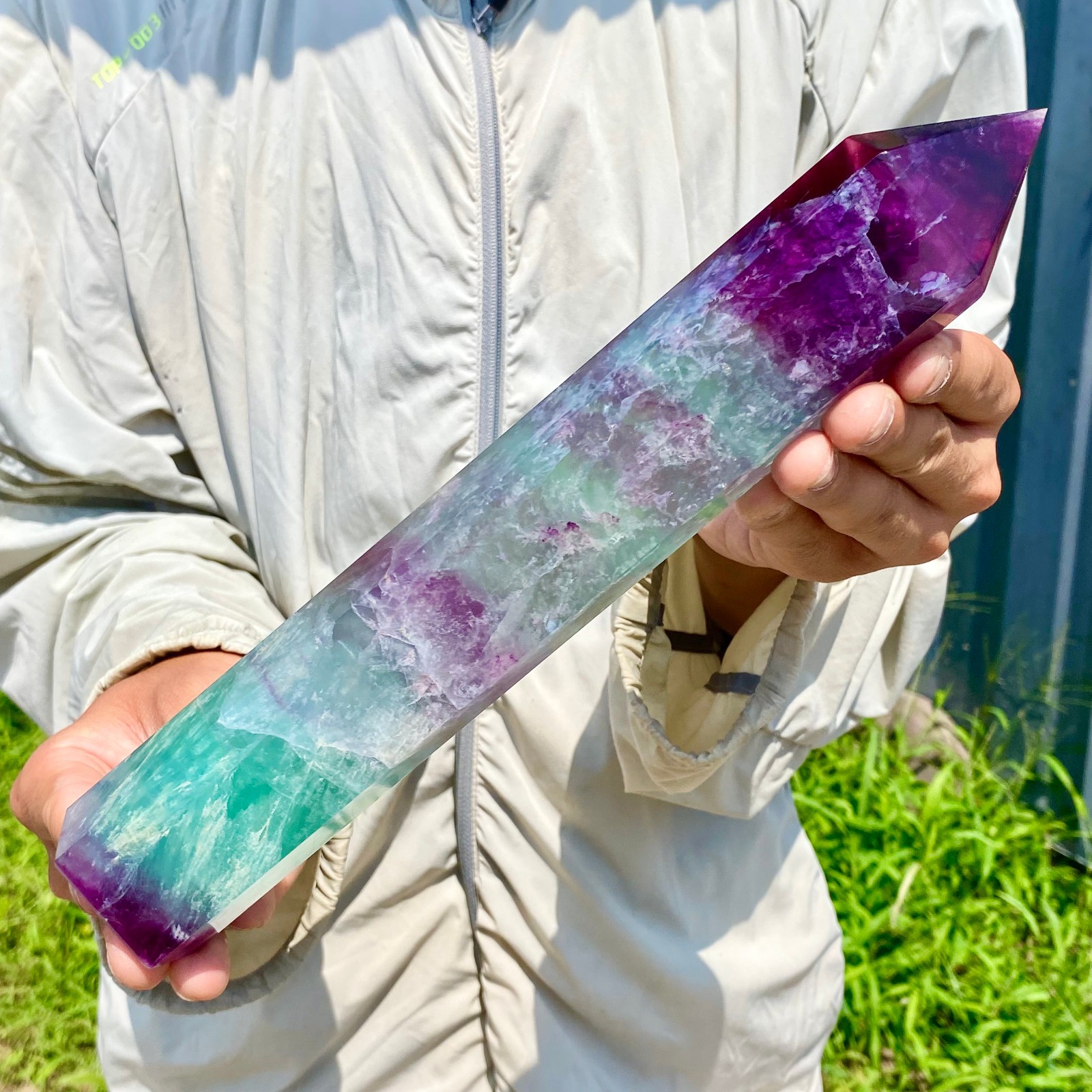 2.62LB Natural Rainbow Fluorite Obelisk Quartz Crystal Wand Tower Point Healing