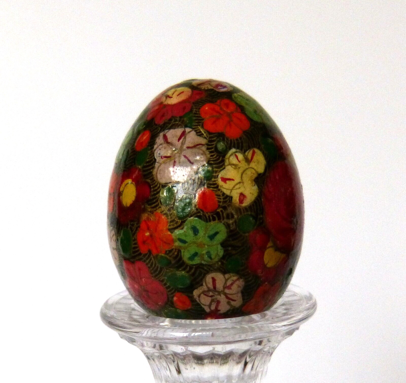 Hand painted Lacquered Wooden 2 1/8” Egg Floral Design Russian? Ukranian?
