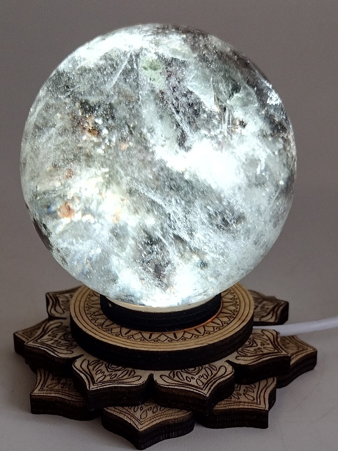 Wood Lotus LED Light Base White Light USB | Crystal Sphere Stand w Switch