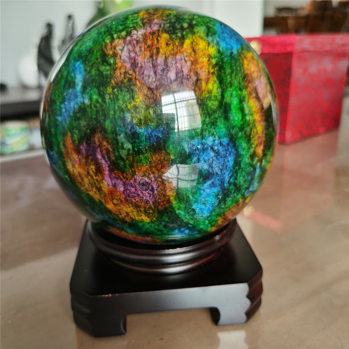 5.6kg Natural “Seven Colors Jade” sphere specimen -Taiwan China +stand W5907