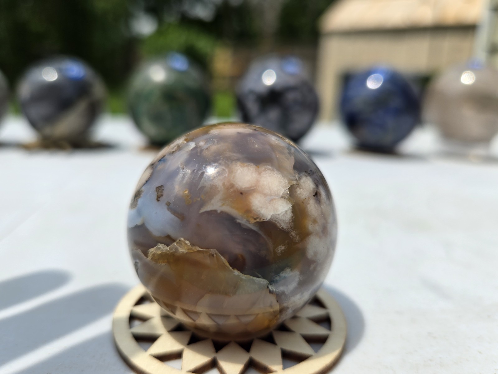 polished flower agate crystal sphere display specimen w/ stand ~2in b61