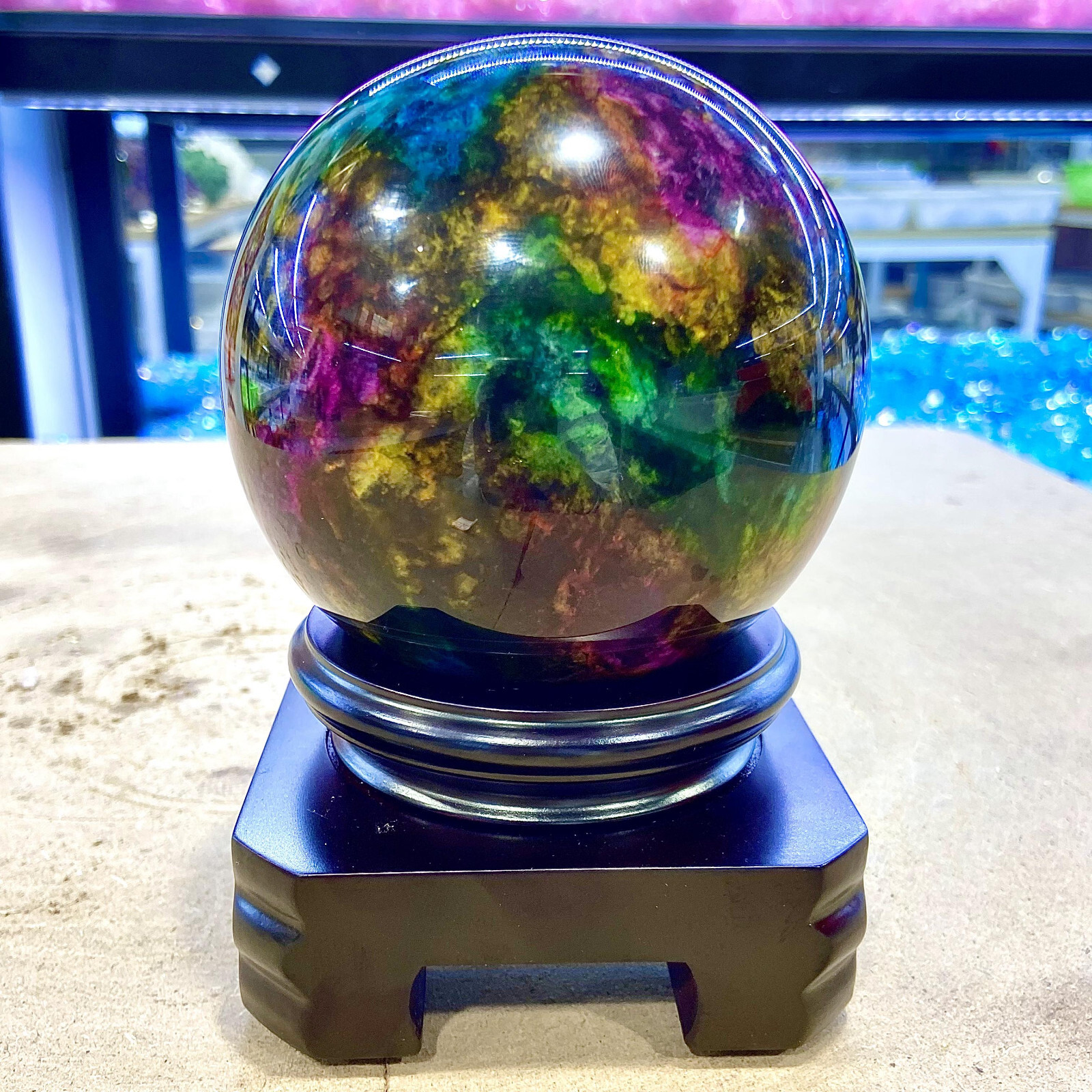 3.35LB Natural “Seven Colors Jade” sphere quartz polished ball decor gift+stand
