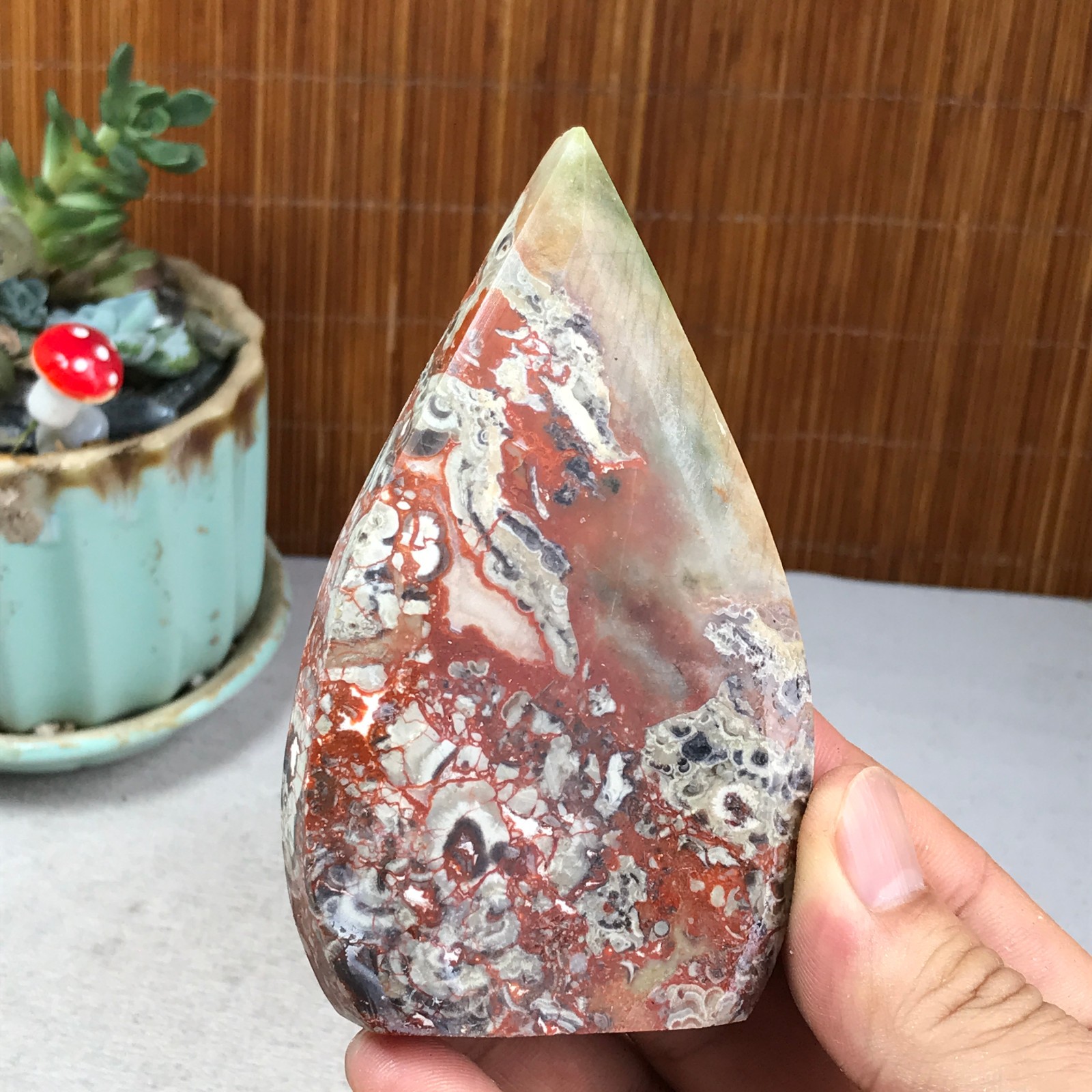 Natural money Mexico agate hand carve leaf Crystal Specimen free standing A6262