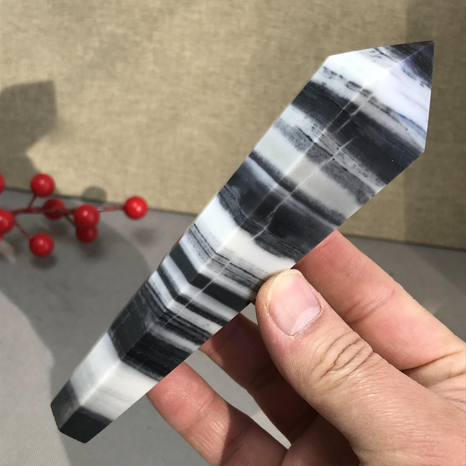 151mm Long Natural Taiji Stone stripe wand Obelisk Crystal specimens 255g A5779