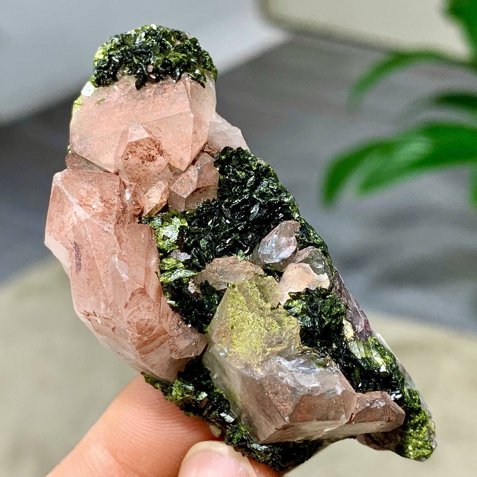 41G Natural beautiful epidote quartz with garden Crystal mineral symbiosis