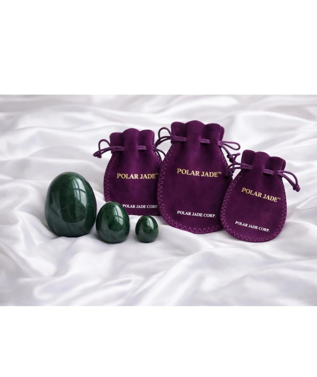 Polar Jade Natural Nephrite Jade 3-Piece Egg Set, Large Medium Small Predrilled