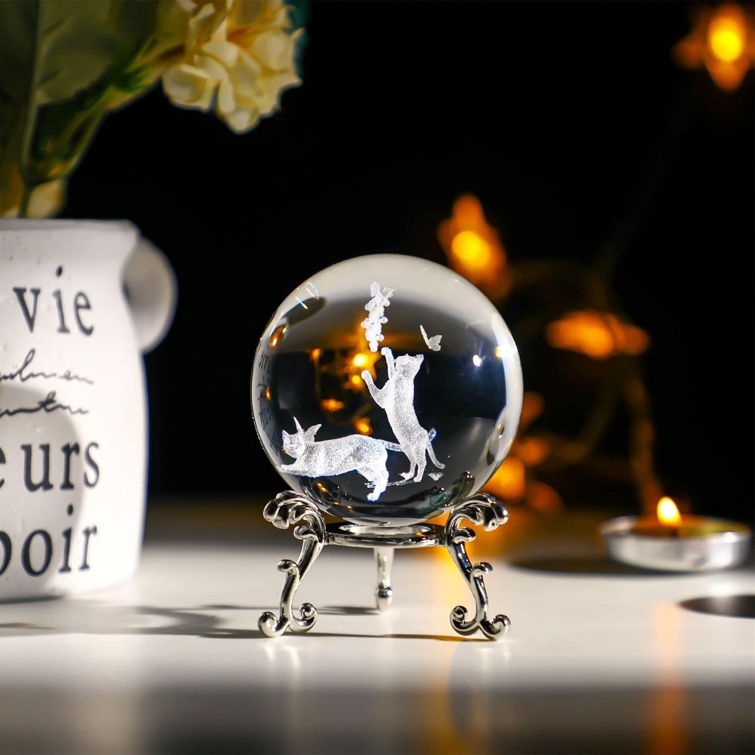 Cat Crystal Ball with Stand 60mm 3D Laser Engraved Decorative Ball Glass Sphe…