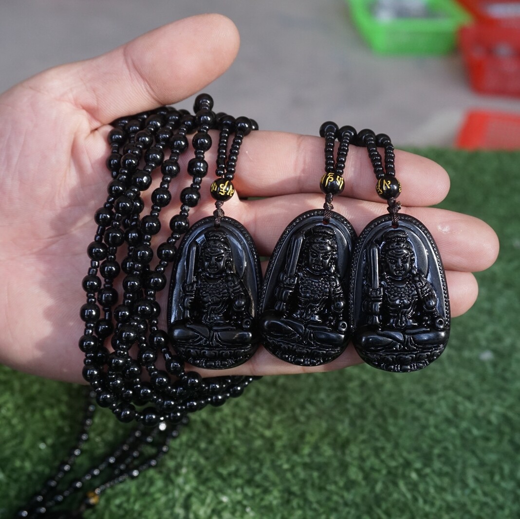5 Pieces Natural Black Obsidian Lucky Pendant Necklace Guanyin Buddha Healing